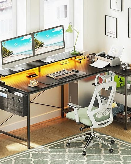 ODK 58 Inch Gaming Desk with USB Charging Ports and LED Lights, Reversible L Shaped Computer Desk with Storage Shelves & Monitor Stand, Corner Gamer Desk Table with Power Outlets, Carbon Fiber Black - LeafyLoom