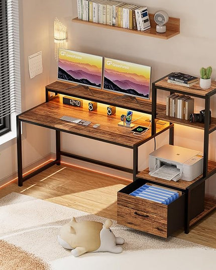 GreenForest Computer Desk with Drawer and Printer Shelf, 68.8 inch Home Office Desk with LED Lights and Power Outlets, Desk with Storage for Study Gaming Working, Walnut - LeafyLoom