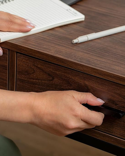 Martha Stewart Ollie Home Office Desk with 3 Drawers in Walnut Wood Grain with Oil Rubbed Bronze Hardware - LeafyLoom