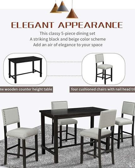 Kitchen 5-Piece Counter Height Dining Set, Classic Elegant Table and 4 Chairs in Espresso and Beige - LeafyLoom