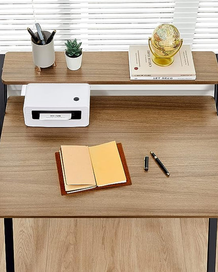 GreenForest Folding Desk No Assembly Required Large Size, 2-Tier Foldable Computer Desk with Shelf for Home Office, Space Saving Portable Laptop Study Foldable Table for Bedroom, Espresso - LeafyLoom