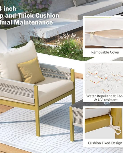 4 Piece Patio Furniture Set, Outdoor FSC Certified Acacia Wood Conversation Set, All-Weather Rope Sofa Set w/Tempered Glass Table, Loveseat for Lawn Balcony Poolside, Backyard, Backyard - LeafyLoom