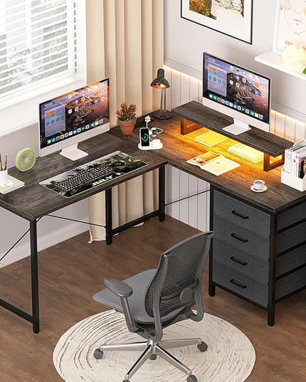 Homieasy L Shaped Desk with Drawers & Power Outlets, Reversible Computer Desk with LED Light and Monitor Stand, 50 Inch Home Office Gaming Work Study Desk with 4 Storage Drawers, Black Oak - LeafyLoom