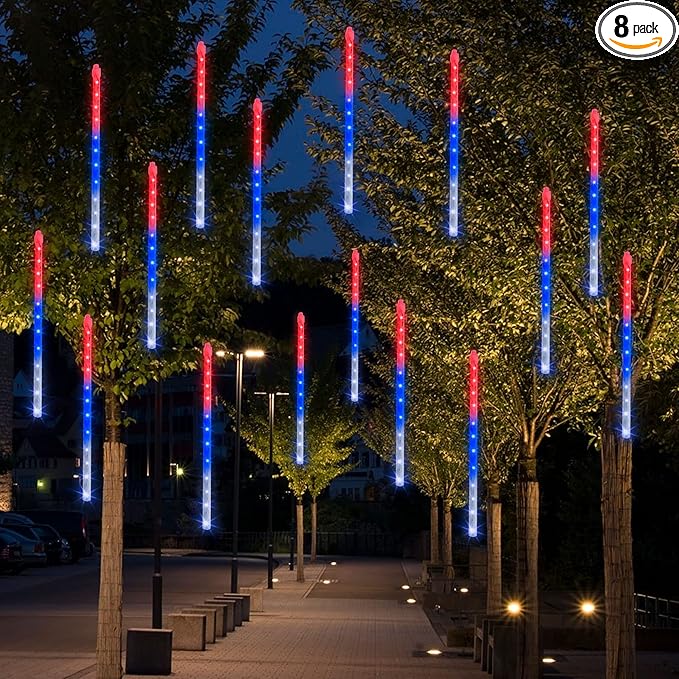 Dazzle Bright 4th of July Lights Decorations, 288LED Red Blue and White Meteor Shower Rain Lights 12Inch 8 Tubes, Waterproof Plug in Falling Rain Lights Independence Day for Outdoor Yard DazzleBright