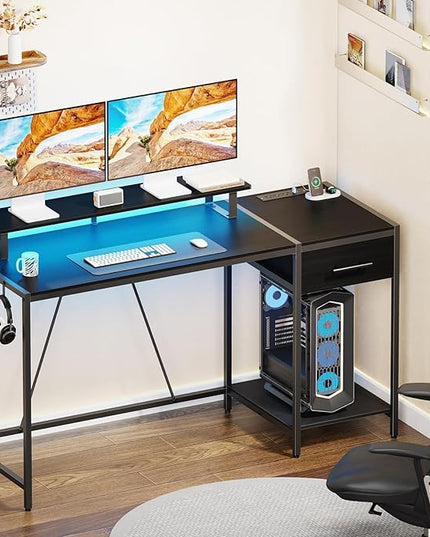 Gaming Desk with Led Light & Power Outlets, 55" Computer Desk with Wooden Drawers and Monitor Stand, Office Desk with Shelves and 2 Headphone Hooks, Work Desk for Home Office,Black - LeafyLoom