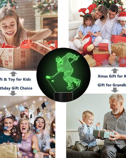 Hockey Night Light, Ice Hockey Player 3D Illusion Lamp for Boys Room Decor with Remote + Touch 16 Colors Flashing Changing Desk Lamps for Kids Sport Fans Birthday Xmas Cool Gifts - LeafyLoom