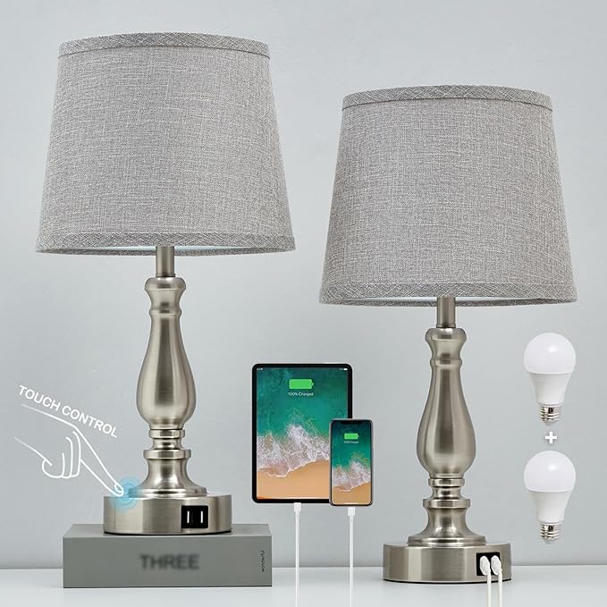 Nightstand Table Lamps for Bedroom Set of 2, Touch Bedside Lamps with Dual USB Ports, 3 Way Dimmable Bedroom Lamps for End Tables, Modern Night Stand Lamps for Living Room Guest Room - LeafyLoom