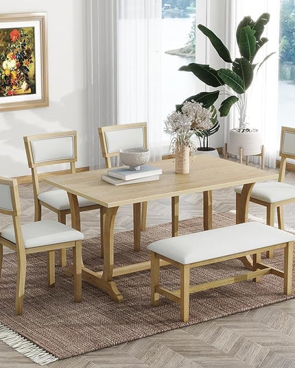 6-Piece Wood Rectangular Dining Table Set with 4 Upholstered Arched Back Chairs and Bench, for Kitchen, Living Room, Farmhouse, Brown, 59" L x 35.4" W x 30" H - LeafyLoom