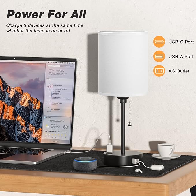 Small Bedroom Lamps with USB C and A Ports 3 Color Temperatures - 2700K 3500K 5000K Pull Chain White Nightstand Bedside Table Lamps with AC Outlet, Metal Base for Kids Reading - LeafyLoom