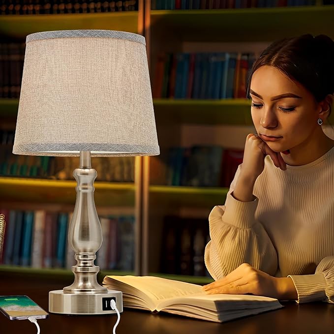 Nightstand Table Lamps for Bedroom Set of 2, Touch Bedside Lamps with Dual USB Ports, 3 Way Dimmable Bedroom Lamps for End Tables, Modern Night Stand Lamps for Living Room Guest Room - LeafyLoom