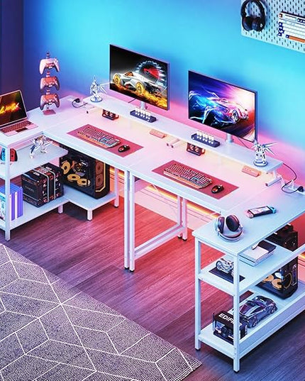 ODK 40 Inch Gaming Desk with USB Charging Ports and LED Lights, Reversible L Shaped Computer Desk with Storage Shelves & Monitor Stand, Corner Home Office Desk Table with Power Outlets, White - LeafyLoom