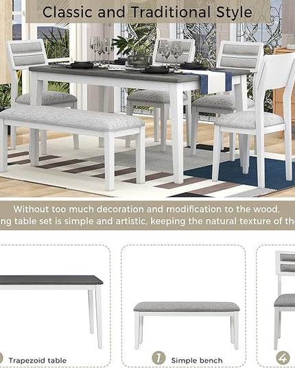 RITSU Traditional Style 6 Piece Dining Table Set, Including 4 Upholstered Burlap Chairs and Bench, Solid Wood Structure, Suitable for Living Room, Apartment,White&gray, 60inch - LeafyLoom
