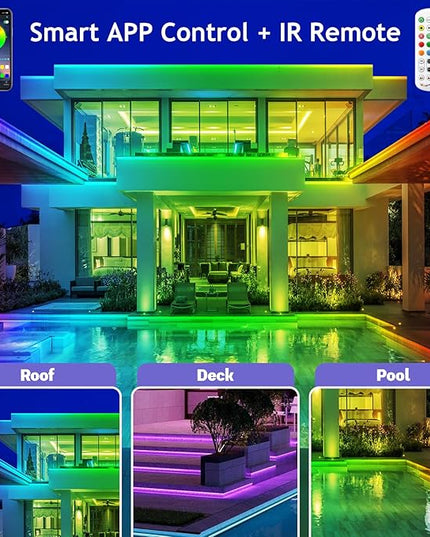 60ft Outdoor LED Strip Lights Waterproof 1 Roll,IP68 Outside Led Light Strips Waterproof with App and Remote,Music Sync RGB Exterior Led Rope Lights with Self Adhesive Back for Deck,Balcony,Pool… LETIANPAI