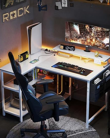 ODK 40 Inch Gaming Desk with USB Charging Ports and LED Lights, Reversible L Shaped Computer Desk with Storage Shelves & Monitor Stand, Corner Home Office Desk Table with Power Outlets, White - LeafyLoom