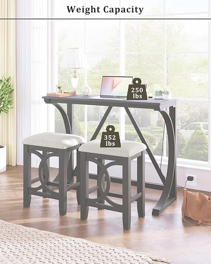 Merax Farmhouse 3-Piece Counter Height Dining Table Set with USB Port and 2 Upholstered Stools, Gray_3pcs - LeafyLoom