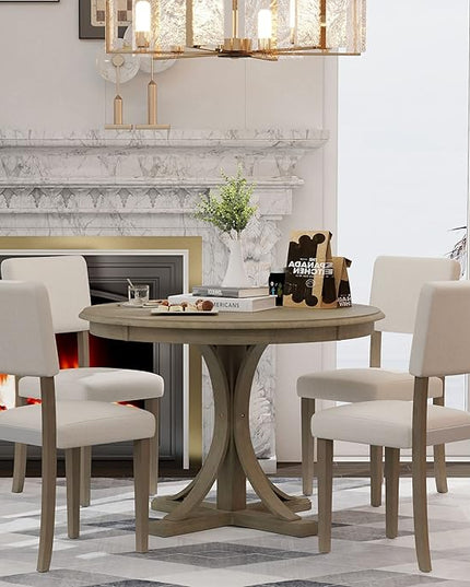 Kitchen 5-Piece Retro Round Set with Curved Trestle Style Table Legs and 4 Upholstered Chairs for Dining Room, Taupe - LeafyLoom