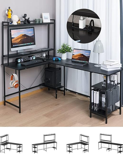 Evajoy L Shaped Computer Desk with Power Outlets and USB Ports, Reversible L-Shaped Corner Gaming Desk with Storage Shelves, 94.5’’ Industrial 2 Person Home Office Desk with Monitor Stand for Home - LeafyLoom