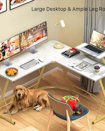 Mr IRONSTONE L Shaped Desk Computer Corner Desk, Home Gaming Desk, Office Writing Workstation with Large Monitor Stand, Easy to Assemble (White,51 Inch) - LeafyLoom
