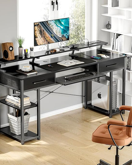 ODK Computer Desk with Drawers & Power Outlet, 63 Inch Office Desk with Keyboard Tray & Storage Shelves & PC Stand, Large Office Table Work Desk with Monitor Stand, Black - LeafyLoom