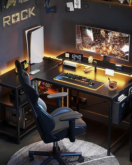 ODK 48 Inch Gaming Desk with USB Charging Ports and LED Lights, Reversible L Shaped Computer Desk with Storage Shelves & Monitor Stand, Corner Gamer Desk Table with Power Outlets, Carbon Fiber Black - LeafyLoom