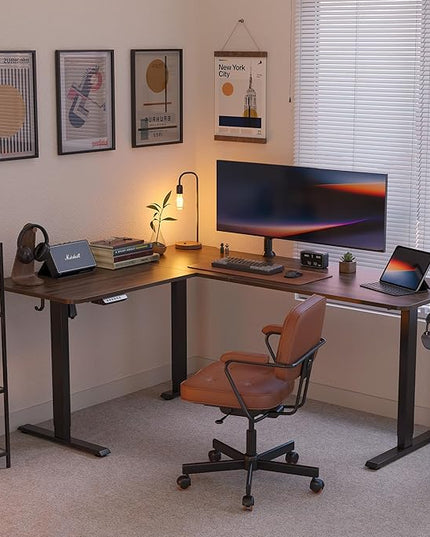 FEZIBO 63" L Shaped Standing Desk Height Adjustable, Electric Stand up Corner Desk, Sit Stand Home Office Desk with Splice Board, Black Frame/Black Walnut Top - LeafyLoom