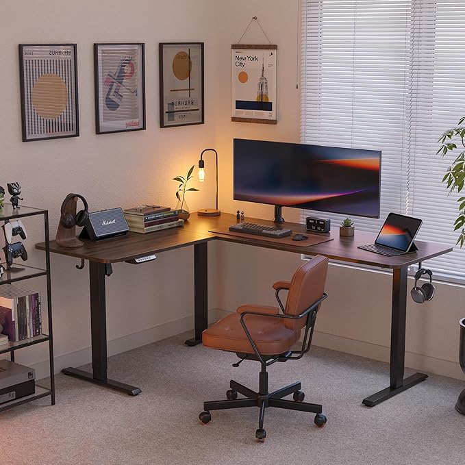 FEZIBO 63" L Shaped Standing Desk Height Adjustable, Electric Stand up Corner Desk, Sit Stand Home Office Desk with Splice Board, Black Frame/Black Walnut Top - LeafyLoom