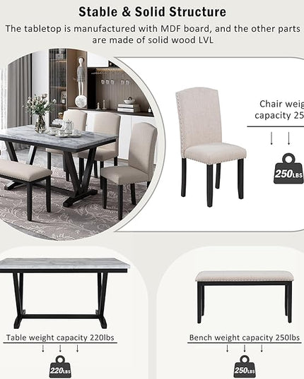 RITSU Contemporary 6-Piece Solid Wood Dining Table Set with 4 Upholstered Chairs and 1 Bench W/Marble Veneer & V-Shaped Legs, Suitable for Living Room, Kitchen White, 60inch - LeafyLoom