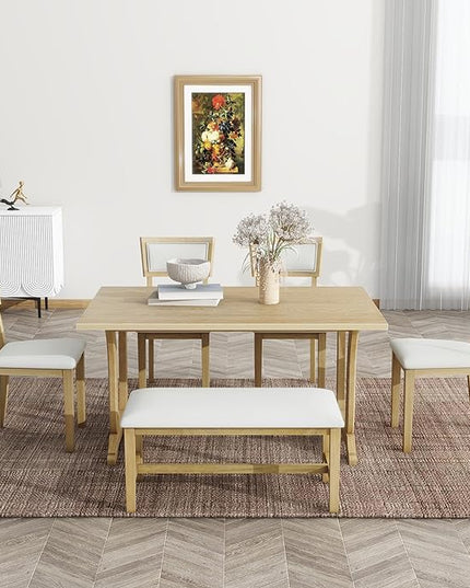 6-Piece Wood Rectangular Dining Table Set with 4 Upholstered Arched Back Chairs and Bench, for Kitchen, Living Room, Farmhouse, Brown, 59" L x 35.4" W x 30" H - LeafyLoom