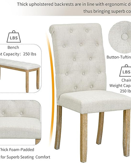 6-Piece Retro Style Rectangular Dining Table Set with Unique Legs and 4 Upholstered Chairs & 1 Bench for Kitchen, Breakfast Nook, Living Room, Natural Wood Wash, 59.8" L x 35.8" W x 30" H - LeafyLoom