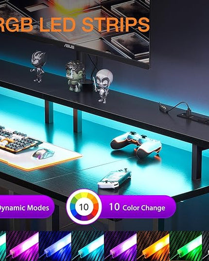 ODK 48 inch Gaming Desk with LED Lights & Power Outlets, Computer Desk with Monitor Stand & Storage Sheves, CPU Stand, Home Office Desk, Black - LeafyLoom