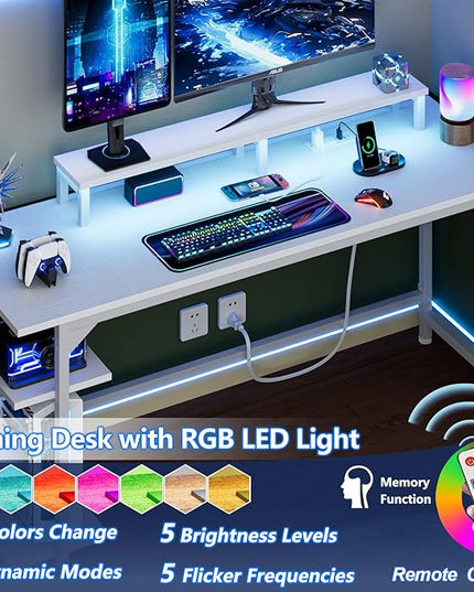 Furologee White Gaming Desk with Charging Station and LED Lights, 55" Office Computer Desk with Reversible Shelves and Fabric Drawer, Study Table with Monitor Stand and 2 Hooks for Home Office - LeafyLoom