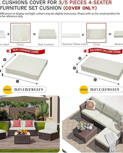 ClawsCover 7Pack Outdoor Seat and Back Cushions Replacement Covers Fit for 3/5 Pieces 4-Seater Wicker Rattan Patio Furniture Conversation Set Sectional Couch,Cream-Large(Include Cover Only) - LeafyLoom
