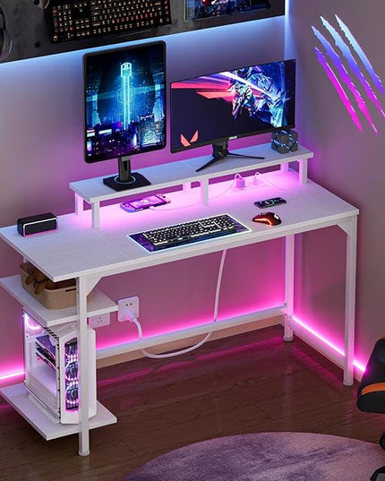 Furologee White Desk with Power Outlets and LED Lights, 47" Office Gaming Desk with Shelves and Fabric Drawer, Reversible Study Table with Monitor Stand and Hooks - LeafyLoom