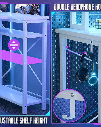 Homieasy L Shaped Gaming Desk with Power Outlet & LED Light, 47 Inch Computer Desk with Storage Shelves, Reversible Corner Desk with Monitor Stand Headset Hooks for Home Office, White - LeafyLoom