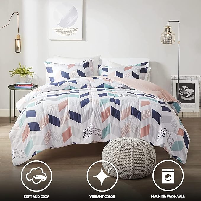 Comfort Spaces Kylar Cozy Comforter Set, Vibrant Chevron Ruching Design with Solid Reverse, All Season Down Alternative Bedding with Matching Sham, Twin/Twin XL (66 in x 90 in), Multi/Blush 2 Piece - LeafyLoom