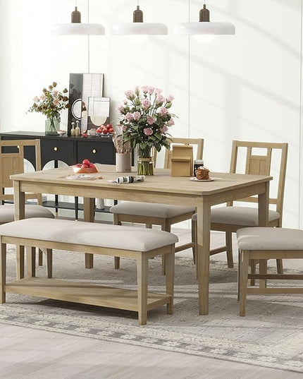 6-Piece Retro Dining Set, Minimalist Rectangular Table and 4 Upholstered Chairs & 1 Bench with a Shelf for Kitchen Living Room, Natural Wood Wash, 60" L x 43" W x 30" H - LeafyLoom