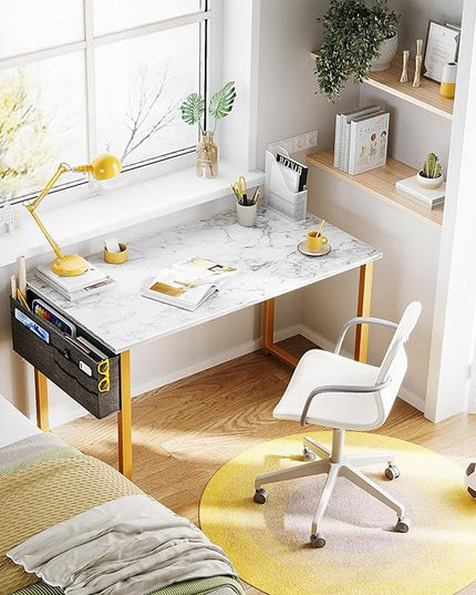 ODK Computer Desk, 40 Inch Small Study Desk, Office Desk with Storage, Work Table with Headphone Hook for Small Space Home Office, White Marble + Gold Leg - LeafyLoom