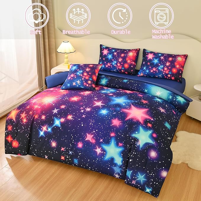 DORCAS Star Full Size Comforter Sets with Sheets for Girls Kids,6 Piece Starry Sky Bedding Set Full,All Season Down Bed in a Bag(Colorful,Full) - LeafyLoom