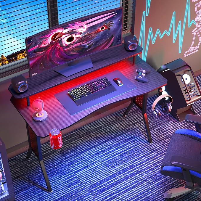 Gaming Desk with Power Outlets & LED Strip Lights,Computer Desk with Large Monitor Stand, Gamer Workstation with Stylish Metal Legs,Headphone Hook&Cup Holder for Home Office - LeafyLoom