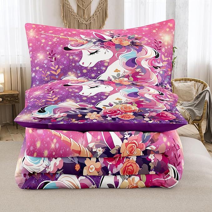 Tailor Shop Unicorn Bedding Twin Size 5 Pieces Unicorn Comforter Bed in a Bag for Girls/Kids Pink Comforter Set for Kids Girls Unicorn Sheets Room Decor… - LeafyLoom