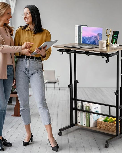 Hadulcet Stand Up Desk, Rolling Desk Adjustable Height, Mobile Standing Desk with Wheels & Charging Station Grey or Rustic Brown - LeafyLoom