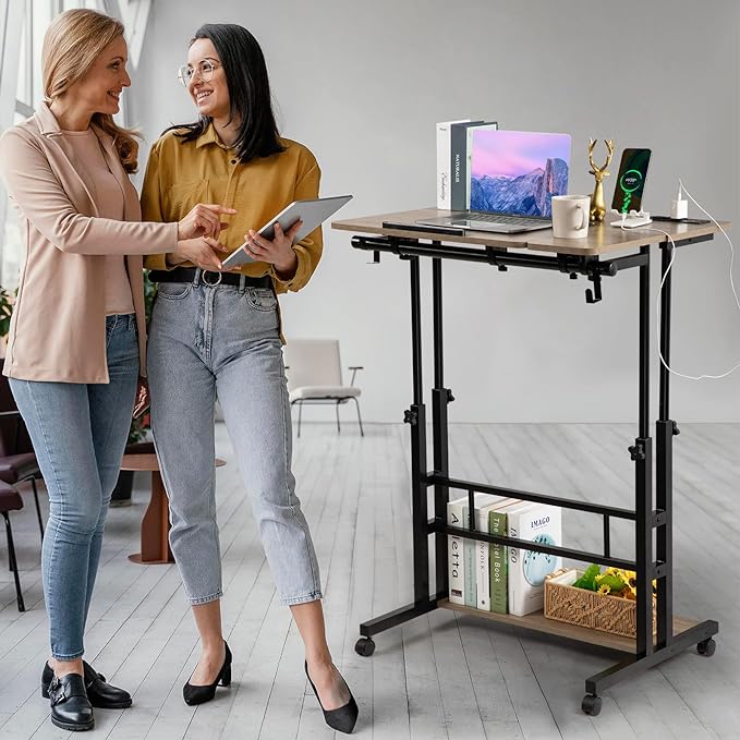 Hadulcet Stand Up Desk, Rolling Desk Adjustable Height, Mobile Standing Desk with Wheels & Charging Station Grey or Rustic Brown - LeafyLoom