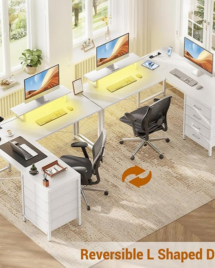 Homieasy L Shaped Desk with Drawers & Power Outlets, Reversible Computer Desk with LED Light and Monitor Stand, 50 Inch Home Office Gaming Work Study Desk with 4 Storage Drawers, White - LeafyLoom