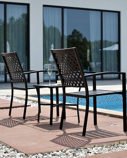 3 Piece Iron Bistro Set Stackable Outdoor Patio Furniture Set with 2 Large Comfortable Porch Chairs and Metal Coffee Table, Black - LeafyLoom