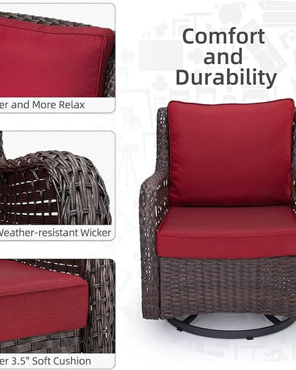 IDEALHOUSE 3 Pieces Outdoor Wicker Swivel Rocker Patio Set, 360-Degree Swivel Rocking Chair Elegant Wicker Patio Bistro Set with Tempered Glass Top Side Table (Red) - LeafyLoom