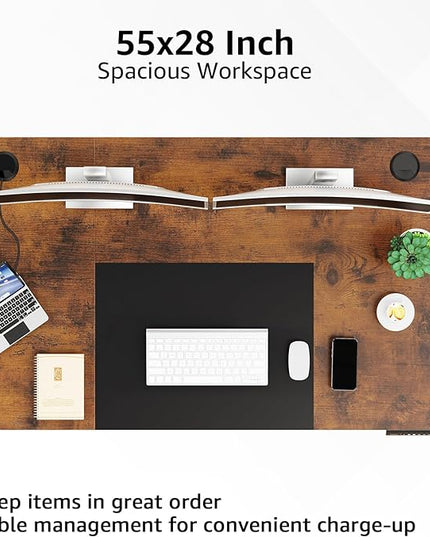 MOUNTUP 55x28 Inches Electric Height Adjustable Standing Desk, Sit Stand Desk with Memory Controller, Ergonomic Stand Up Desk for Home Office with Splice Board, Rustic Brown+Black - LeafyLoom