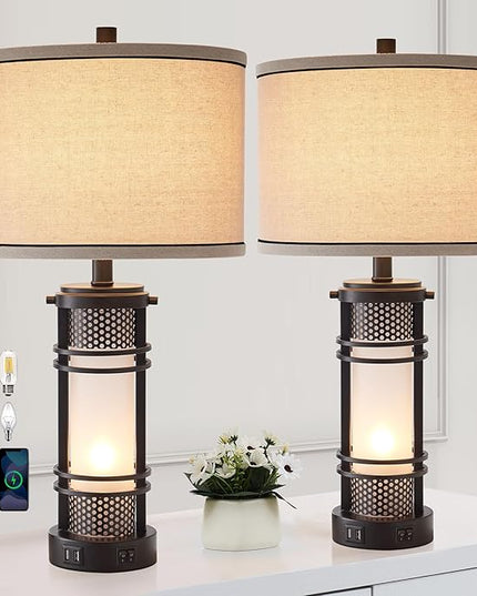 Set of 2 Modern Table Lamps for Living Room, Contemporary Nightstand Lamp with Dual USB Port, Bedside Lamps with White Frosted Glass Night Light for Bedroom, 4 Bulbs Included (Black) - LeafyLoom