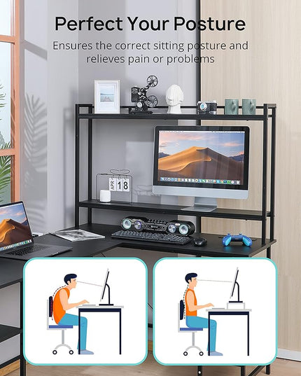 Evajoy L Shaped Computer Desk with Power Outlets and USB Ports, Reversible L-Shaped Corner Gaming Desk with Storage Shelves, 94.5’’ Industrial 2 Person Home Office Desk with Monitor Stand for Home - LeafyLoom