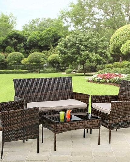 Outdoor Patio Furniture Sets 4 Pieces Patio Set Rattan Chair Wicker Sofa Conversation Set Patio Chair for Backyard Lawn Porch Poolside Balcony Garden Furniture Sets with Coffee Table (Brown) - LeafyLoom