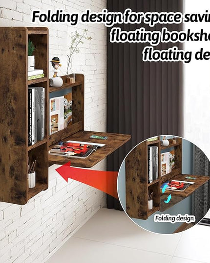 Pmnianhua Farmhouse Floating Desk,41''Wall Mounted Desk,L Shaped Folding Table,Fold Down Laptop Computer Desk with Storage for Wall Bedroom Small Space (Rustic Brown-Left) - LeafyLoom